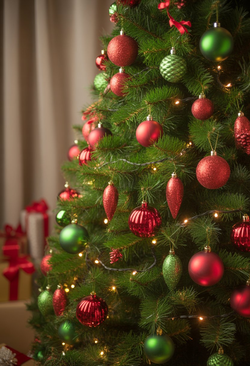 A decorated Christmas tree with red and green ornaments and warm white lights.