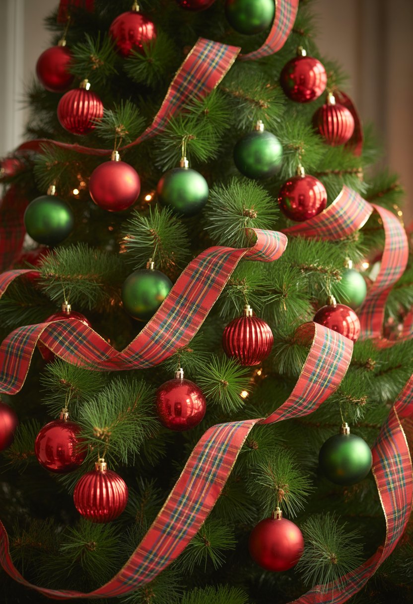 A Christmas tree decorated with red and green baubles and plaid ribbons.