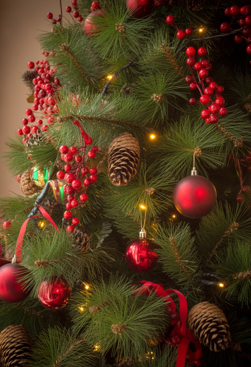 Close-up of a Christmas tree decorated with red berries, pine cones, and red and green ornaments.