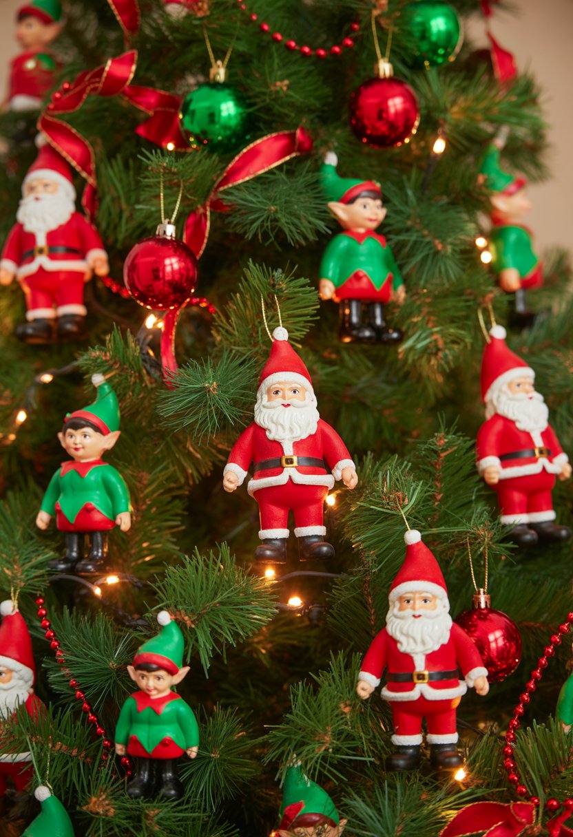 A Christmas tree decorated with mini Santa and elf ornaments along with red and green decorations.