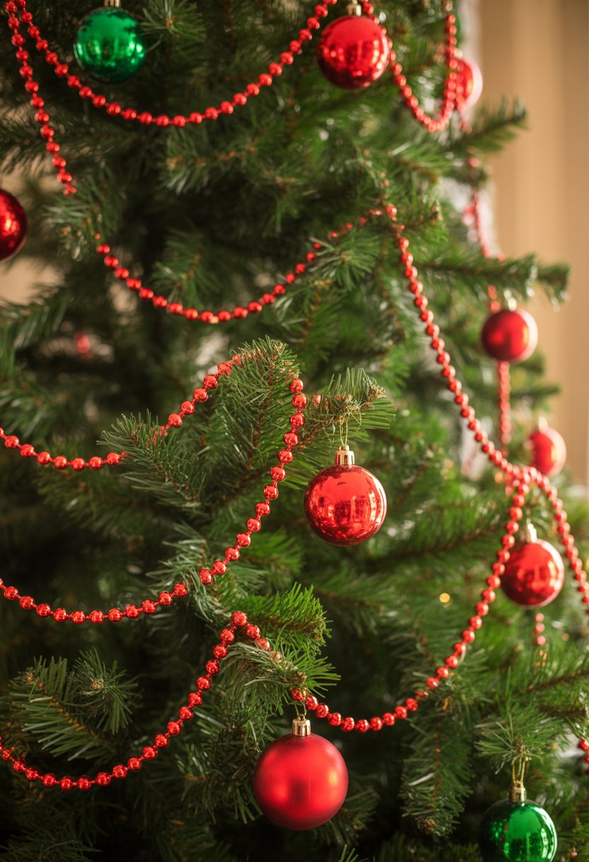 A Christmas tree decorated with red beaded garlands and red and green ornaments.