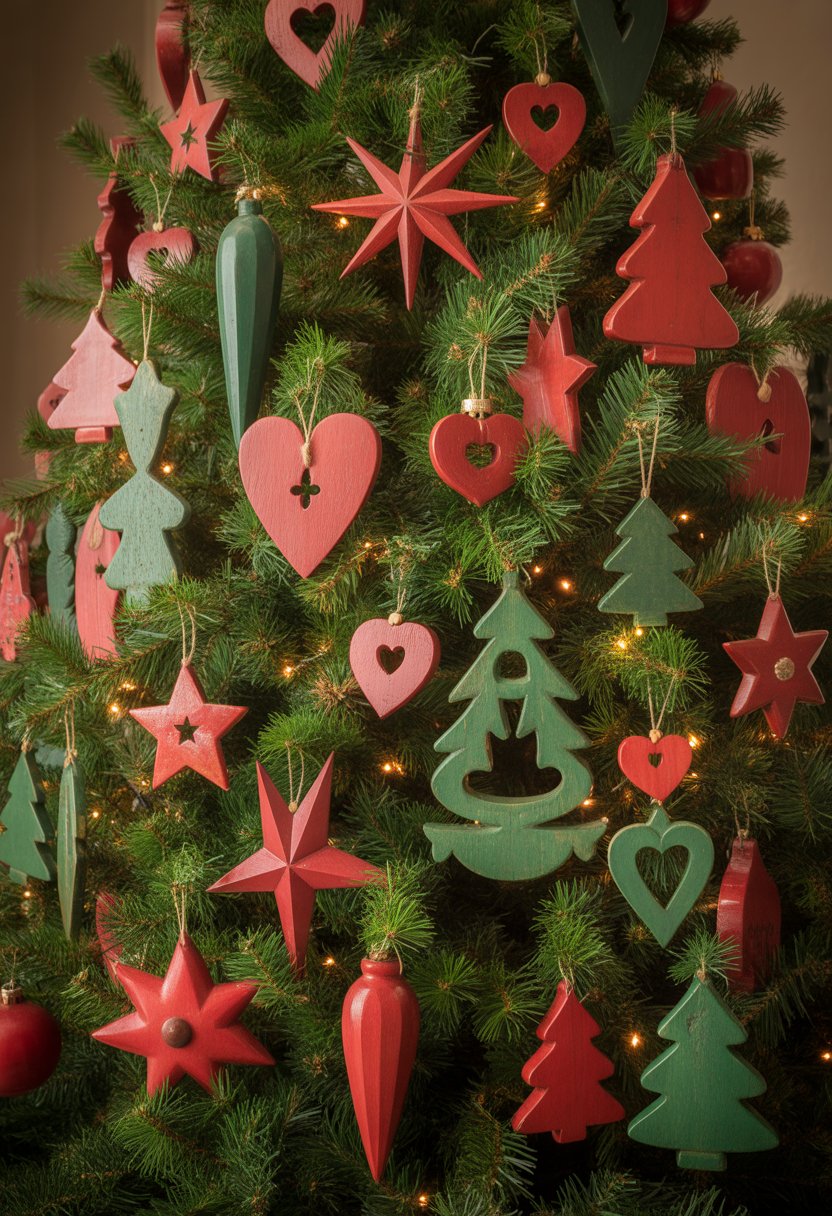 A Christmas tree decorated with red and green wooden ornaments and other festive decorations.