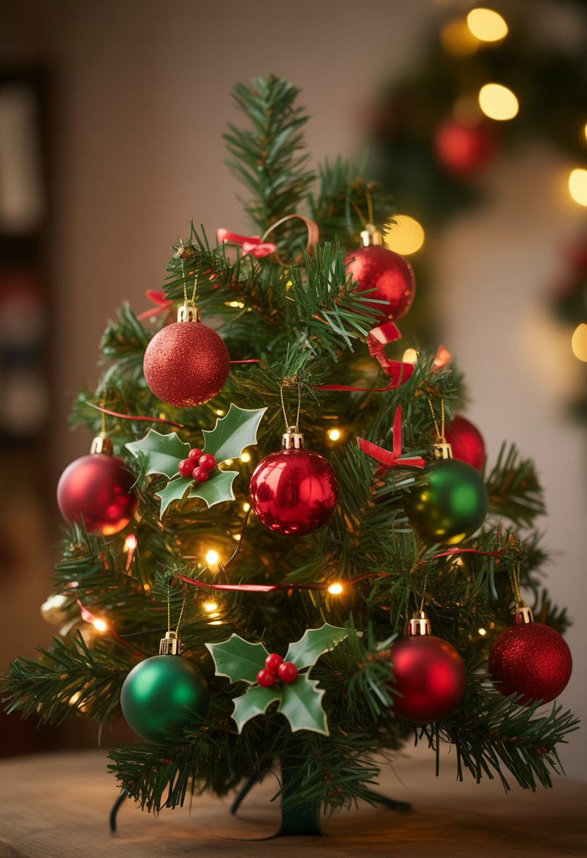 A small Christmas tree decorated with red and green ornaments and ribbons.