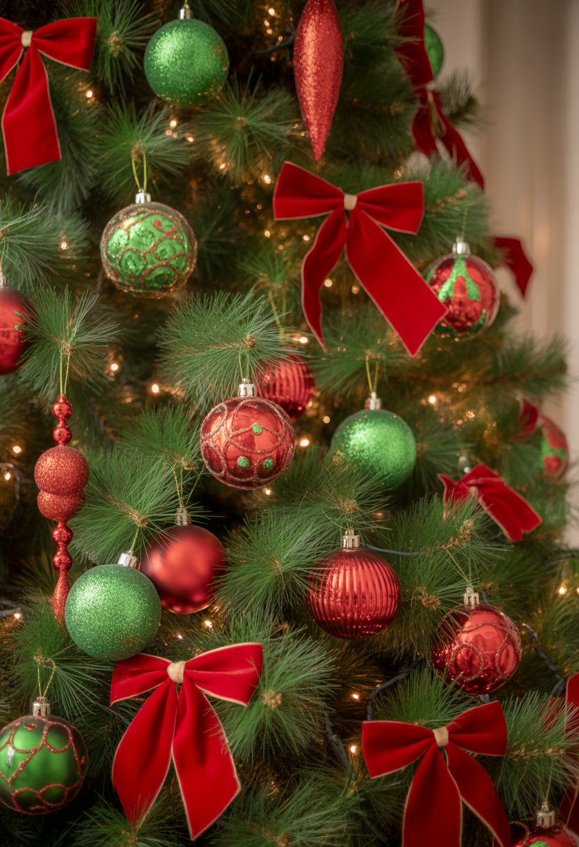 A Christmas tree decorated with red velvet bows, green tinsel, and red and green ornaments.