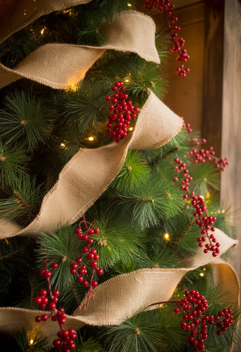 A Christmas tree decorated with burlap ribbons, red berries, and red and green ornaments in a warm indoor setting.