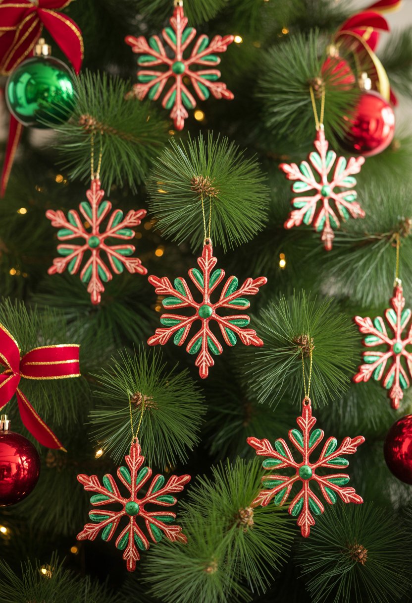 A Christmas tree decorated with red and green snowflake ornaments and matching festive decorations.