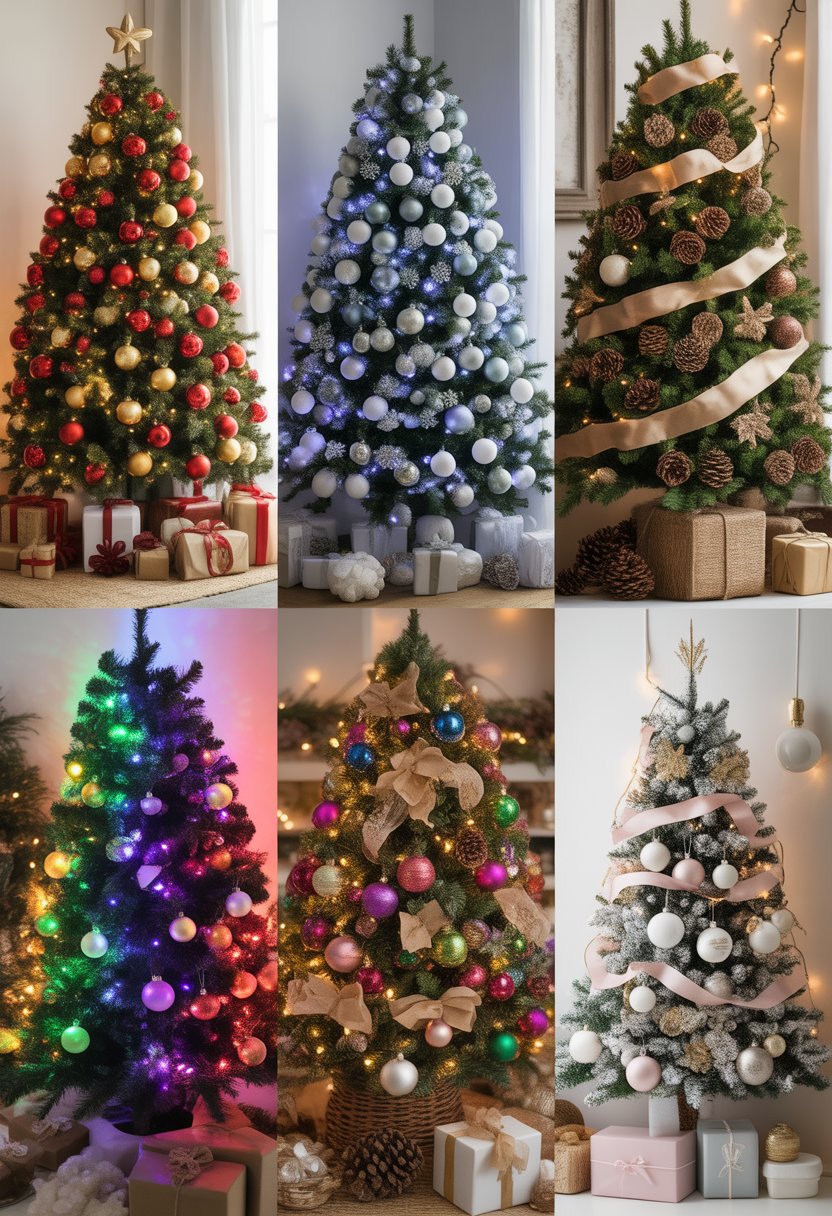Five Christmas trees decorated in different color palettes displayed indoors with wrapped gifts around them.