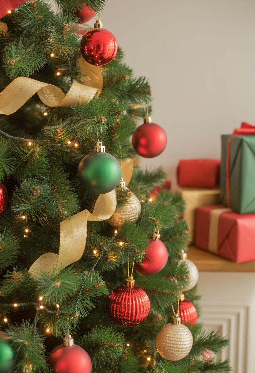 A decorated Christmas tree with red, green, and gold ornaments and wrapped presents underneath.