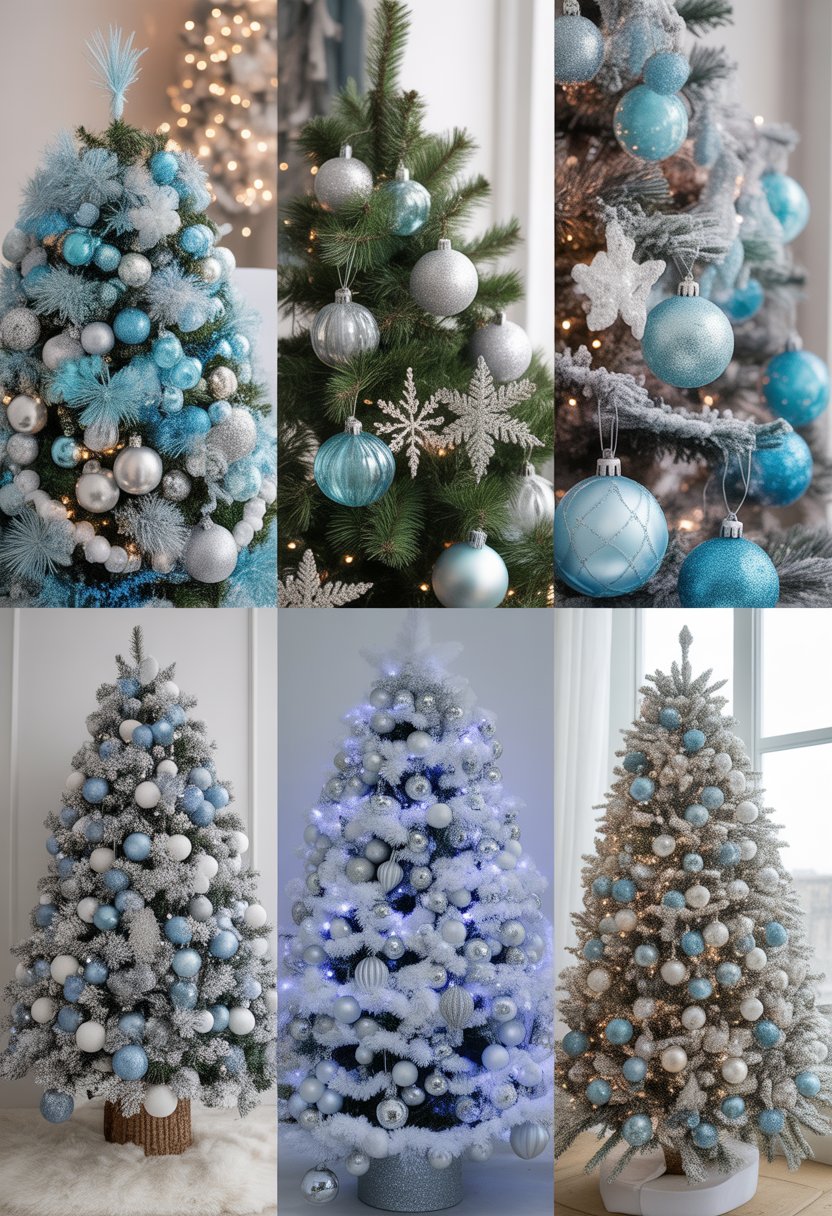 Five Christmas trees decorated with icy blue and silver ornaments, lights, and garlands arranged side by side.