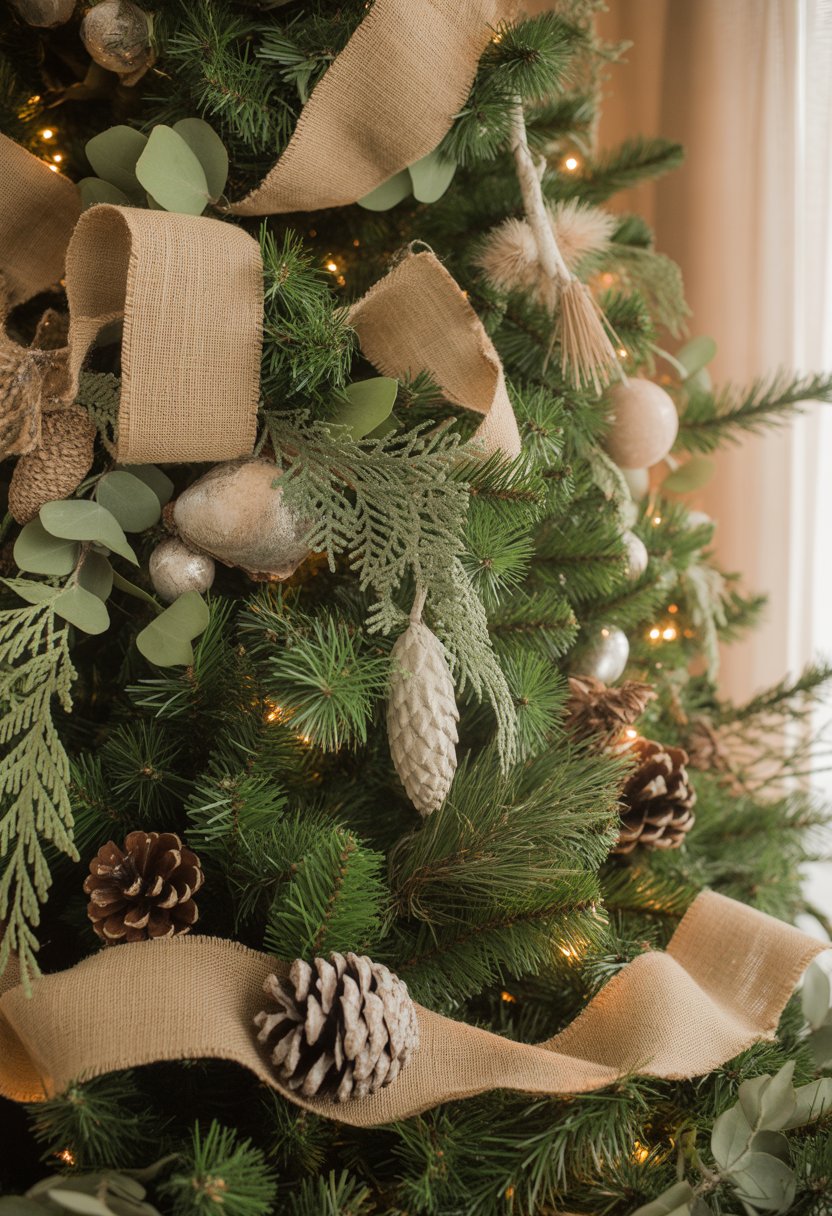 A decorated Christmas tree with burlap ribbons, pinecones, wooden ornaments, and green foliage in warm lighting.