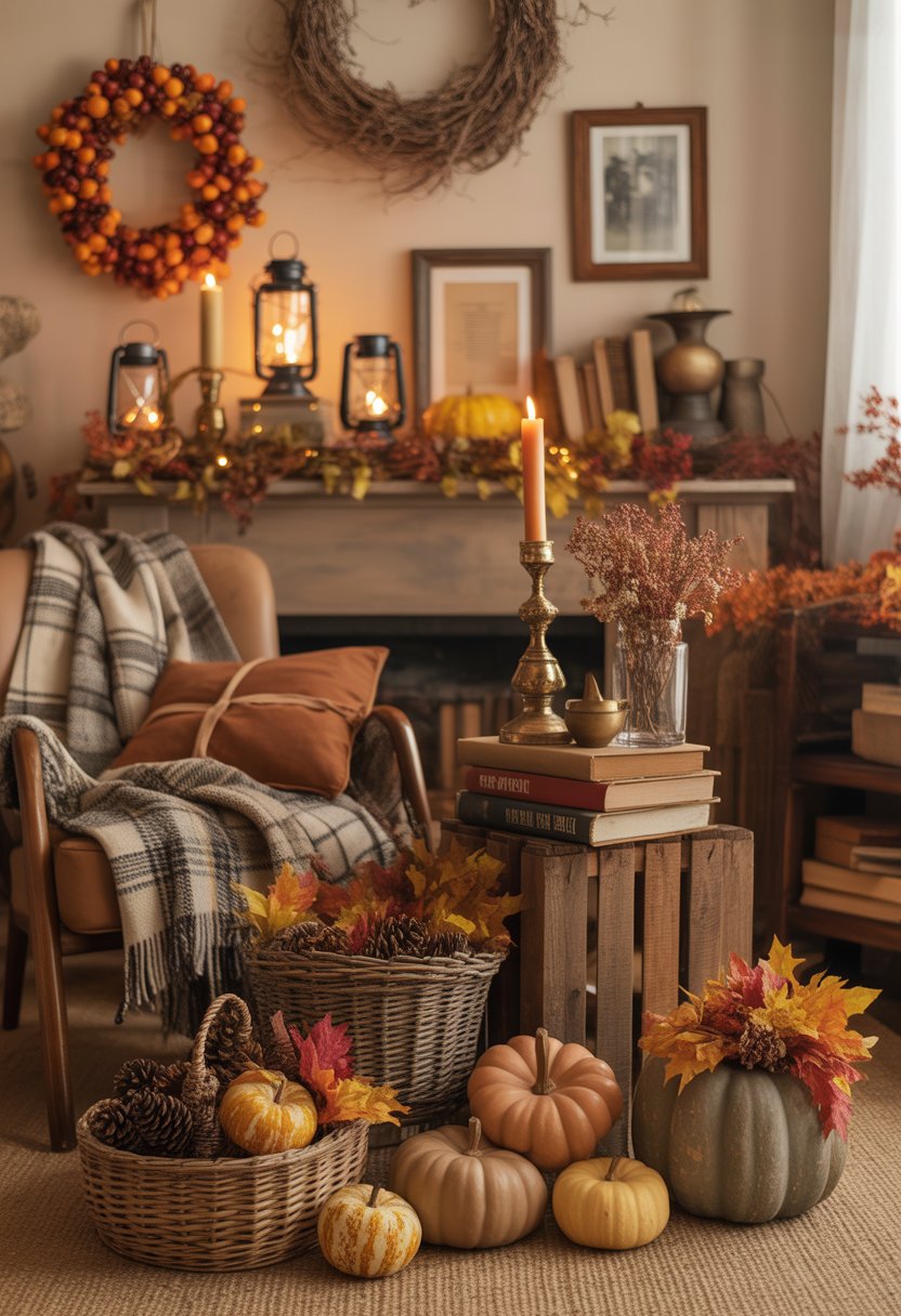 A warm living room filled with vintage fall decorations including pumpkins, candles, dried flowers, woven baskets, and cozy blankets arranged around a fireplace.