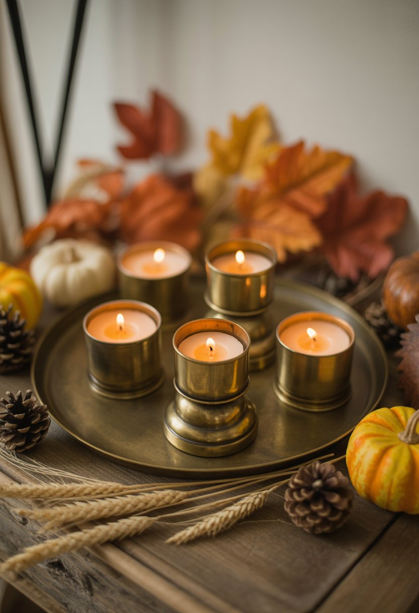Antique brass candle holders with lit candles surrounded by autumn leaves, pumpkins, and pine cones on a wooden table.