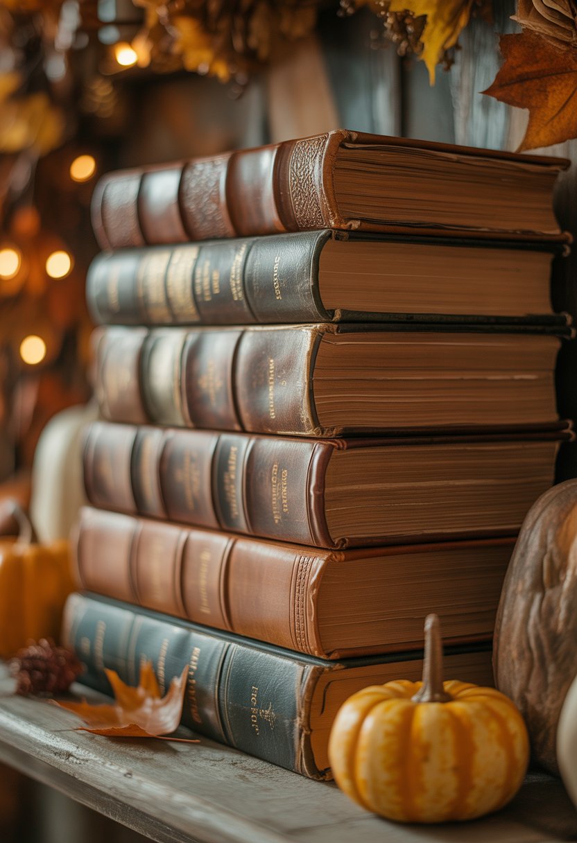 A stack of weathered leather-bound books on a wooden shelf surrounded by autumn decorations like dried leaves and small pumpkins.