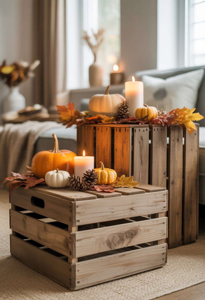 Rustic wooden crates used as side tables decorated with pumpkins, autumn leaves, candles, and fall-themed items in a cozy indoor setting.