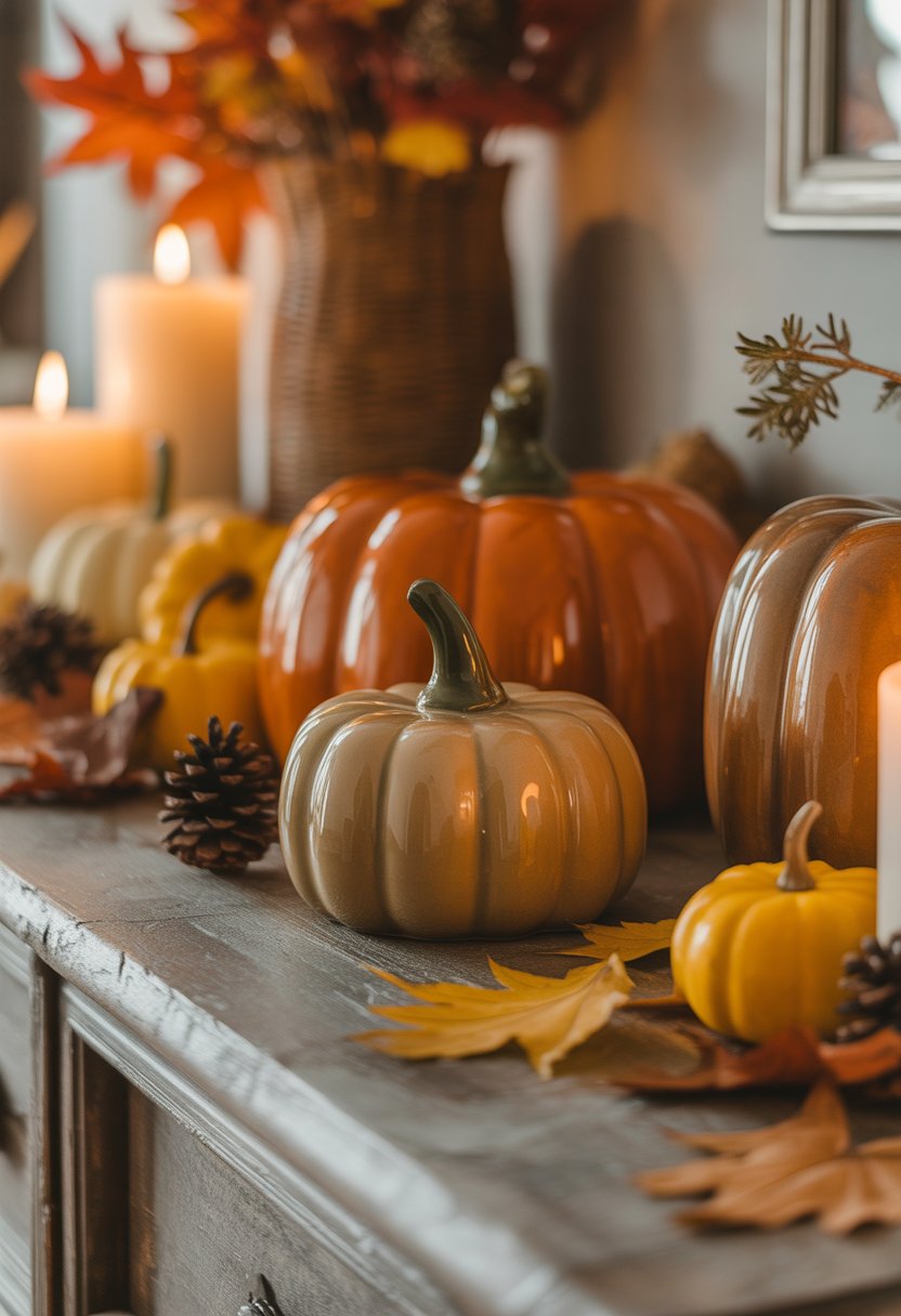 Old-fashioned pumpkin-shaped ceramic decorations arranged on a wooden surface with autumn leaves and candles.