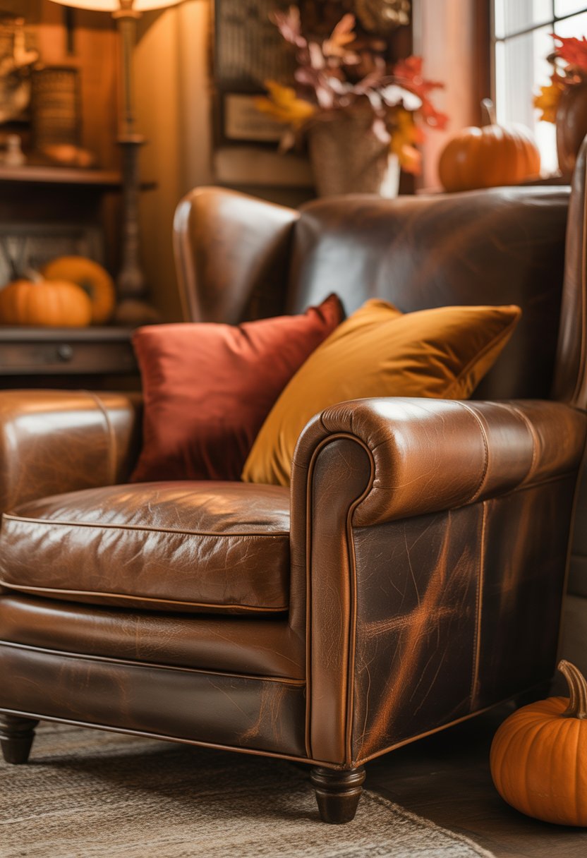 A distressed leather armchair with cozy cushions surrounded by fall decorations in a warmly lit room.