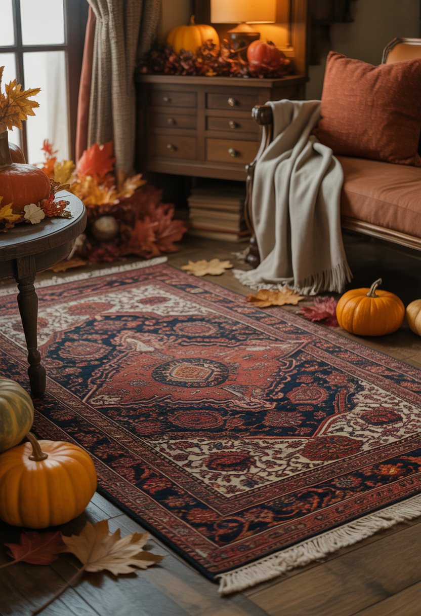 A cozy room with patterned rugs on the floor, decorated with pumpkins, dried leaves, and warm lighting.