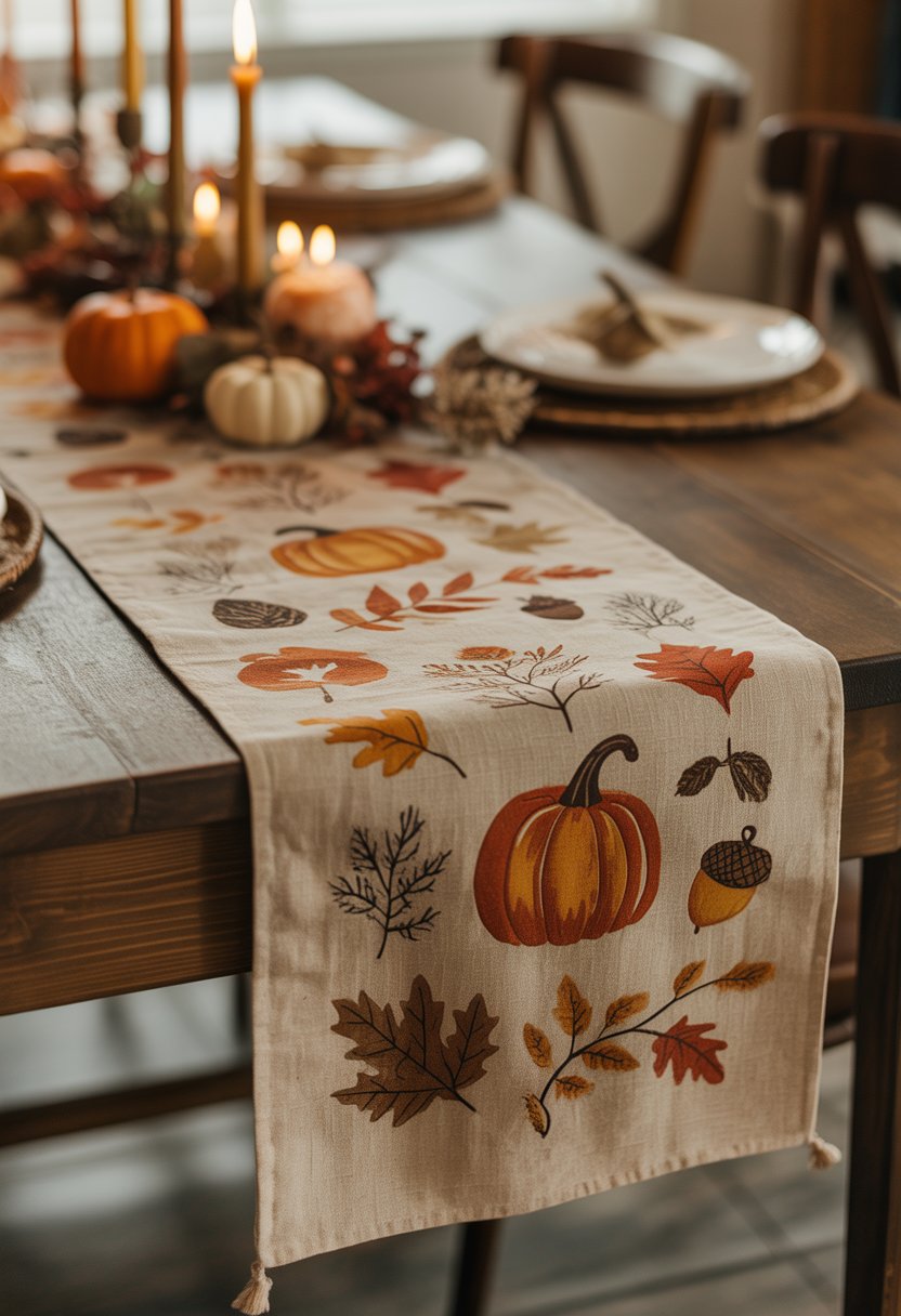 A wooden table with worn linen table runners decorated with autumn leaves and pumpkins, surrounded by small gourds and candles.