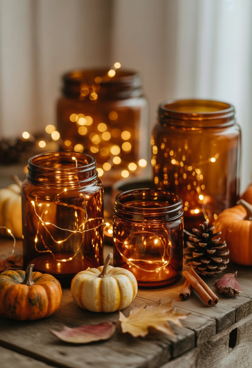 Amber glass jars filled with glowing fairy lights placed on a wooden surface surrounded by autumn leaves, pumpkins, and pinecones.