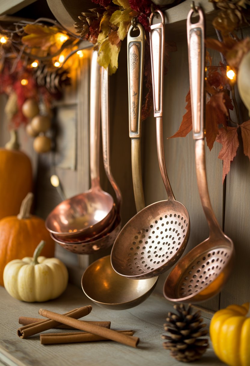 A collection of aged copper kitchen utensils displayed with autumn decorations like pumpkins, dried leaves, and pine cones on a wooden surface.