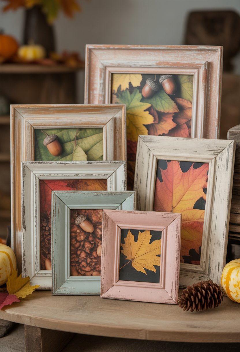 A collection of wooden picture frames with autumn nature prints arranged on a wooden surface surrounded by fall leaves and small pumpkins.