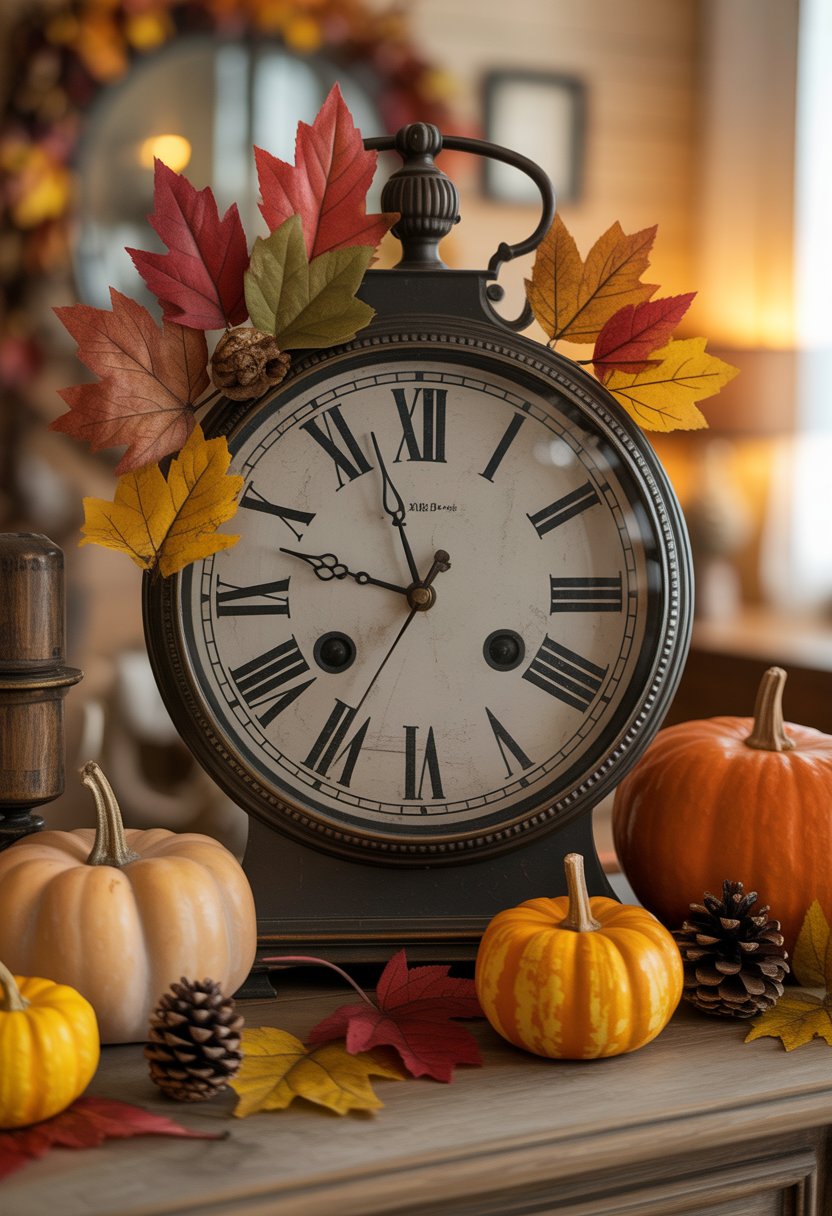 An antique clock with Roman numerals surrounded by autumn decorations like pumpkins, dried leaves, and pine cones on a warm, cozy surface.