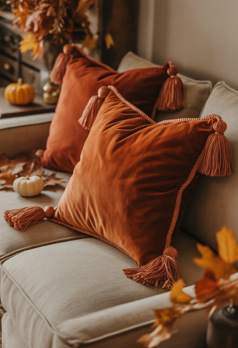 Rust-colored velvet pillows with tassels arranged on a sofa surrounded by fall decorations including dried leaves and small pumpkins.