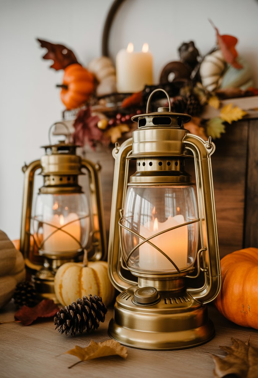Retro brass lanterns with flickering LED candles surrounded by autumn decorations like pumpkins and dried leaves on a warm indoor surface.