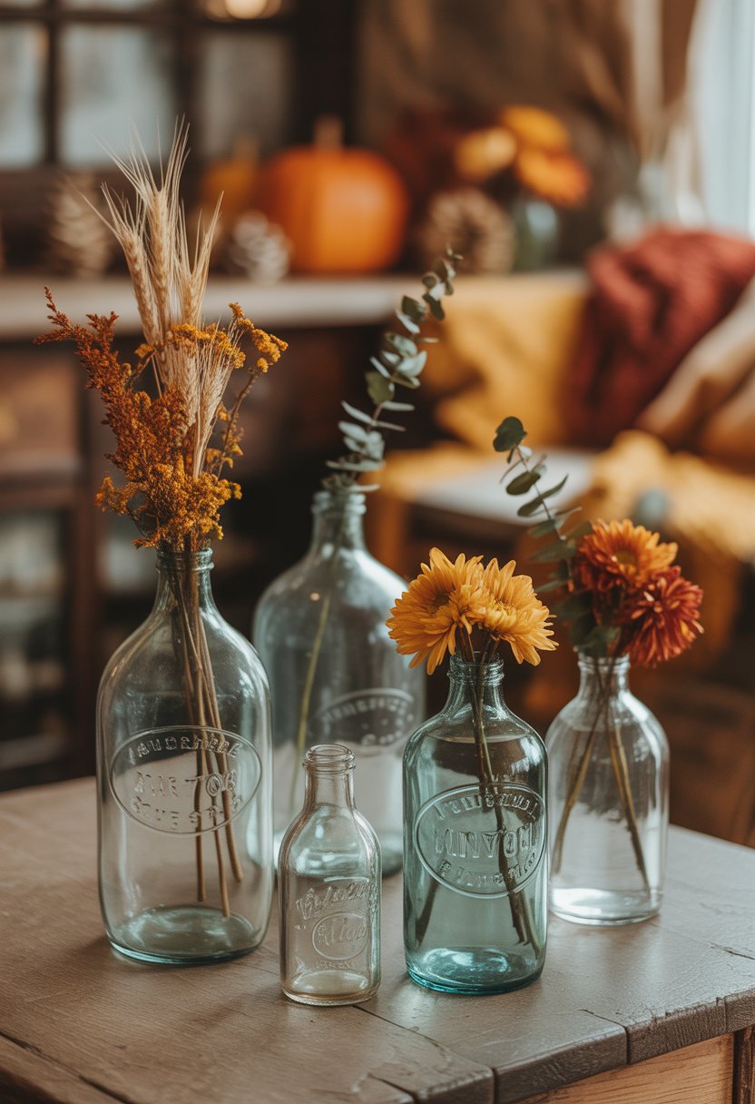 Several vintage glass milk bottles used as vases holding autumn flowers arranged on a wooden table with fall decorations in the background.