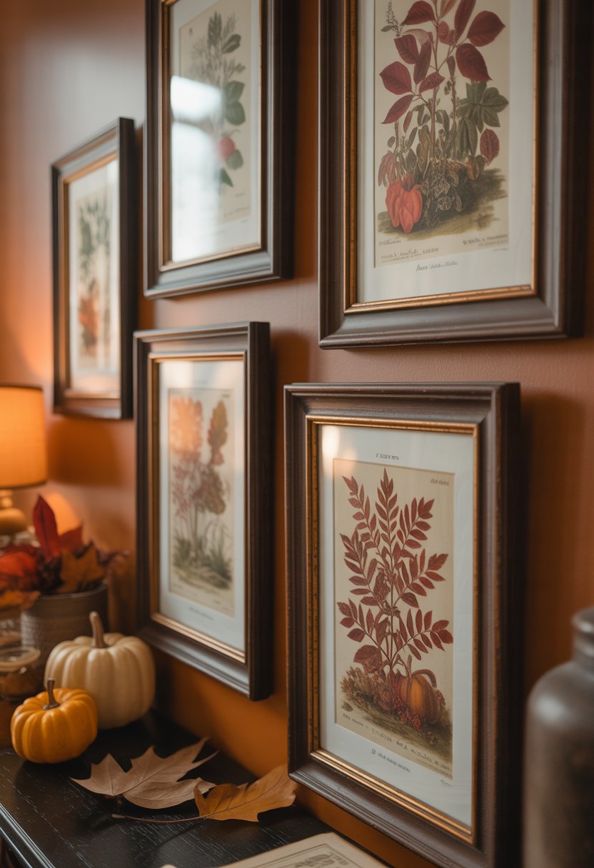 A cozy room wall decorated with framed botanical prints of autumn leaves in dark wooden frames, surrounded by fall decor items.
