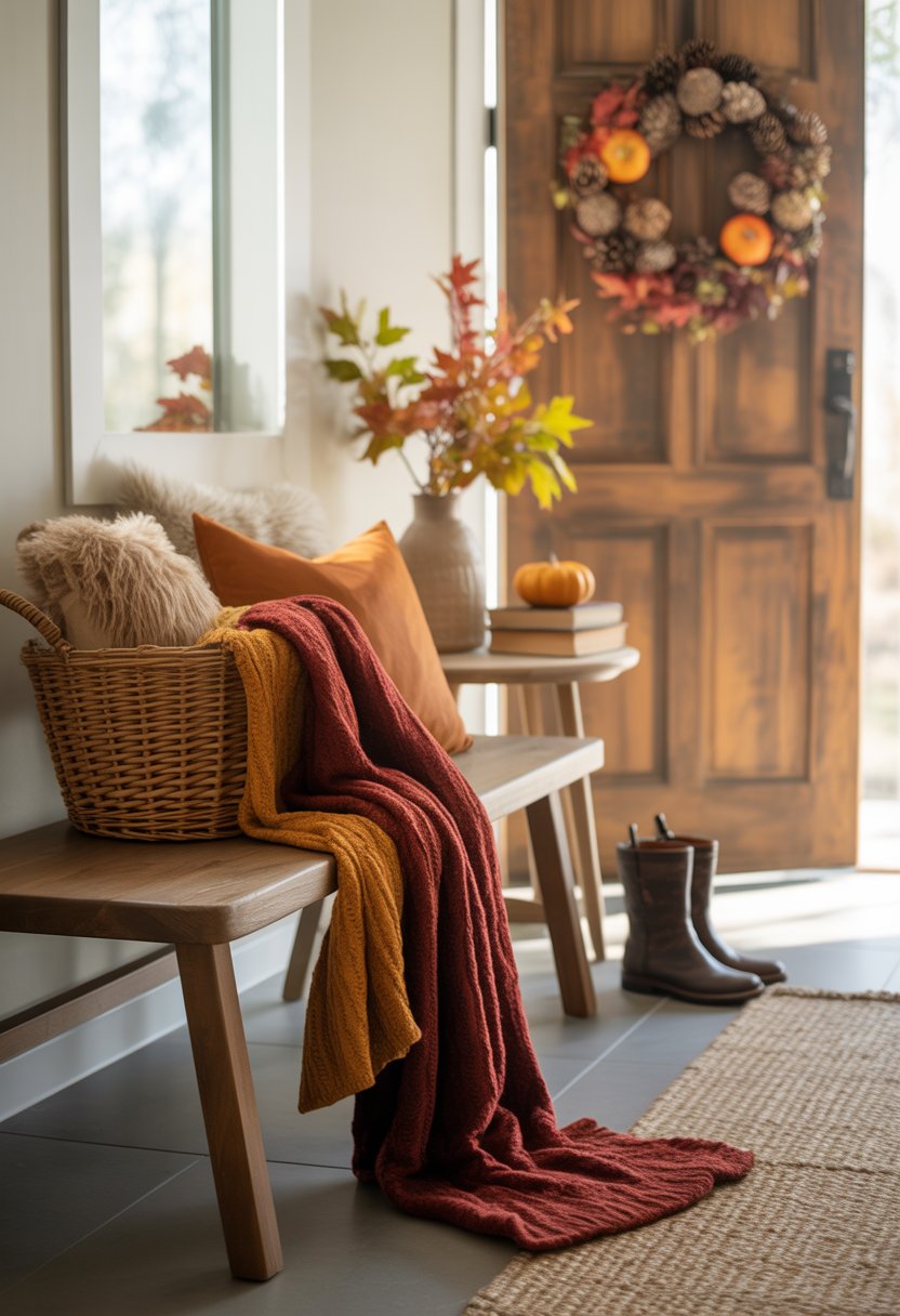 An entryway with a wooden bench, fall-themed blankets and pillows, a woven basket, a rustic door with a seasonal wreath, and autumn decorations including pumpkins and foliage.