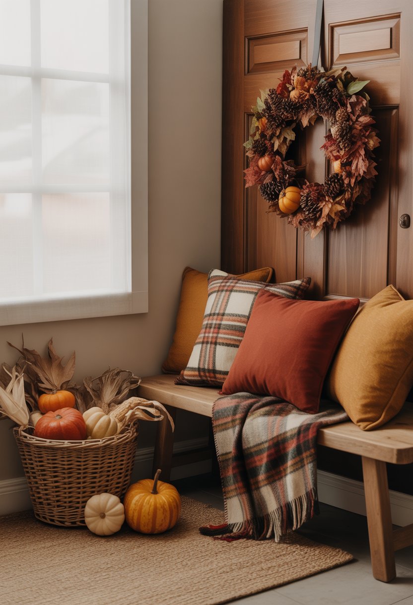 A front door decorated with autumn wreath, a bench with pillows and a blanket, and a basket of gourds on a rug.