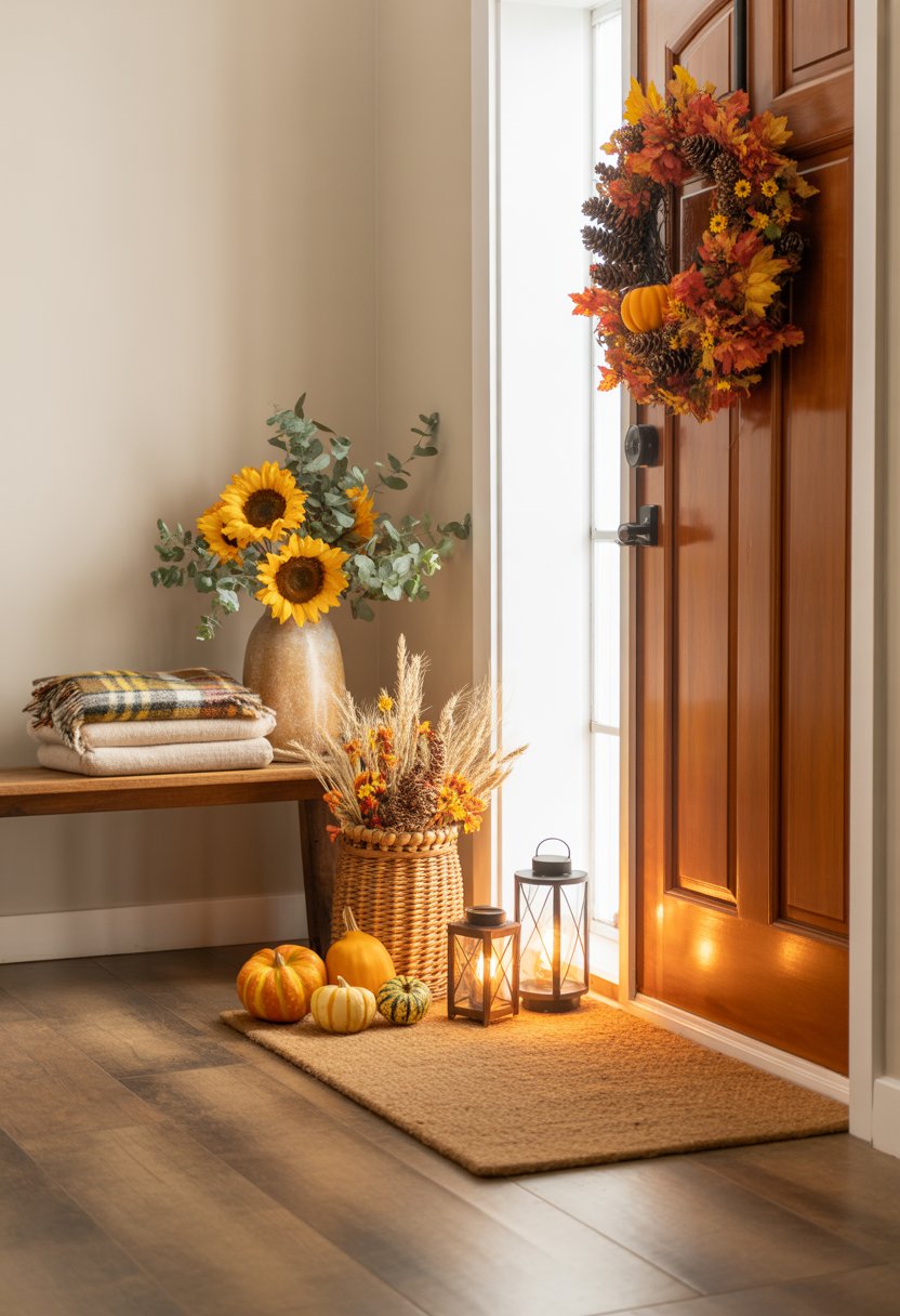 An entryway decorated with autumn leaves wreath on the door, pumpkins, lanterns, a basket with gourds, and a bench with blankets and flowers.