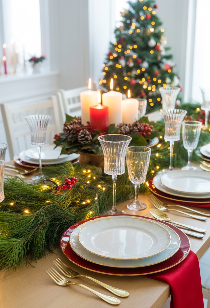 A festive Christmas dinner table set with plates, glasses, candles, pine garlands, and holiday decorations.