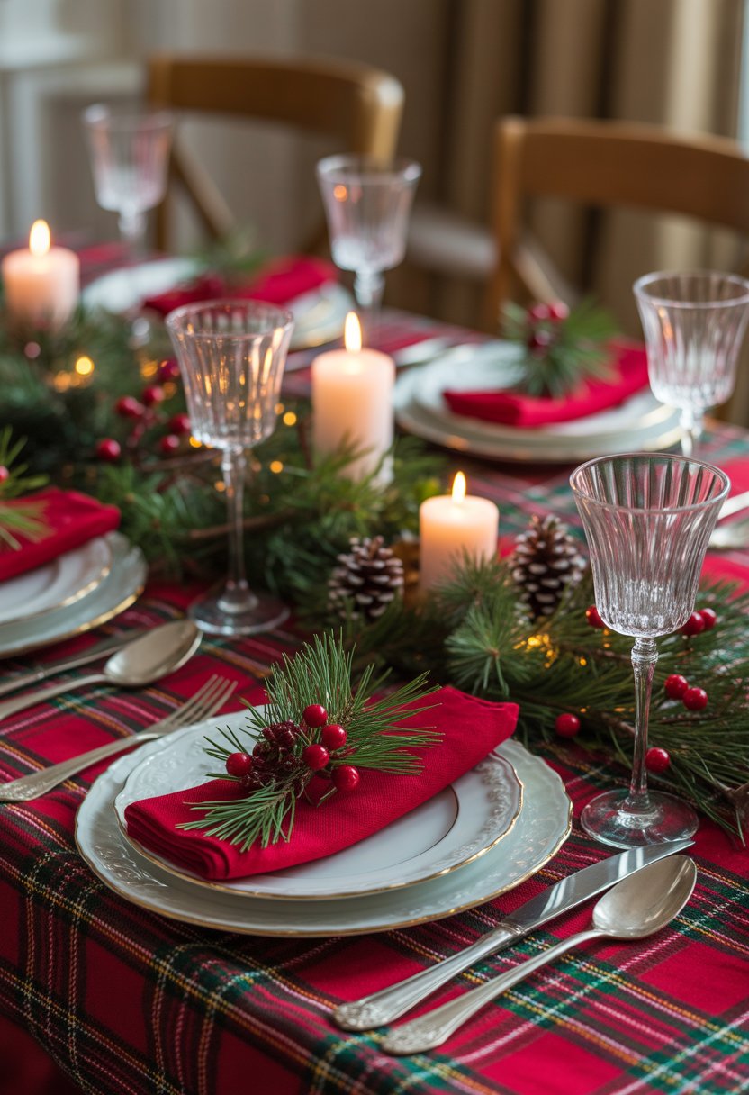 A festive dining table set with a red and green tartan tablecloth, white plates, silver cutlery, wine glasses, red napkins, and a centerpiece of pine branches, red berries, pine cones, and candles.