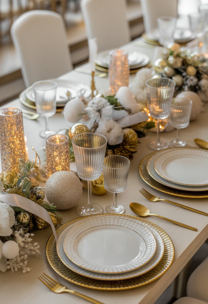 A beautifully set Christmas dinner table with gold and white decorations, candles, plates, and festive floral arrangements.