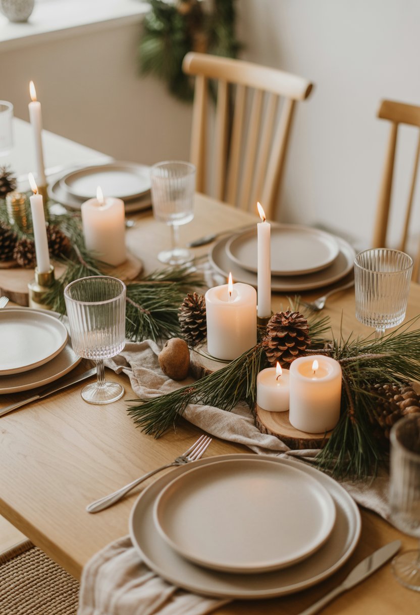 A festive dinner table set with neutral linens, white plates, pine branches, pinecones, and candles, creating a warm and inviting holiday scene.