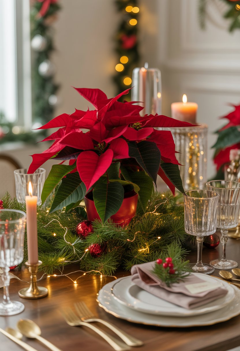 A Christmas dinner table with a red poinsettia centerpiece decorated with twinkling lights, surrounded by plates, glasses, and candles.