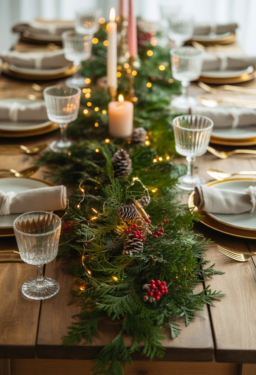 A Christmas dinner table with a rustic wooden surface decorated with an evergreen garland centerpiece, pine cones, red berries, candles, and neatly arranged place settings.