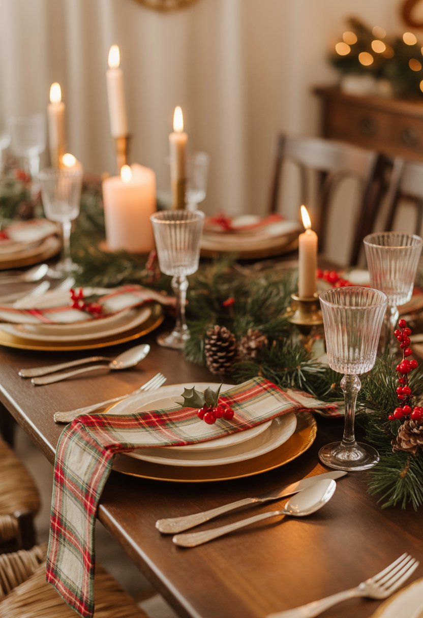 A Christmas dinner table set with plaid linens, lit candles, fine dishes, and seasonal greenery in a cozy indoor setting.