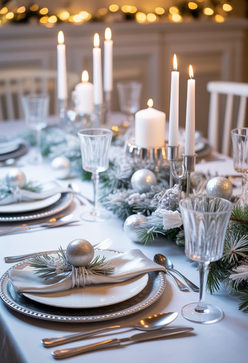 A beautifully set Christmas dinner table decorated with white and silver accents, frosted pine branches, candles, and elegant tableware.