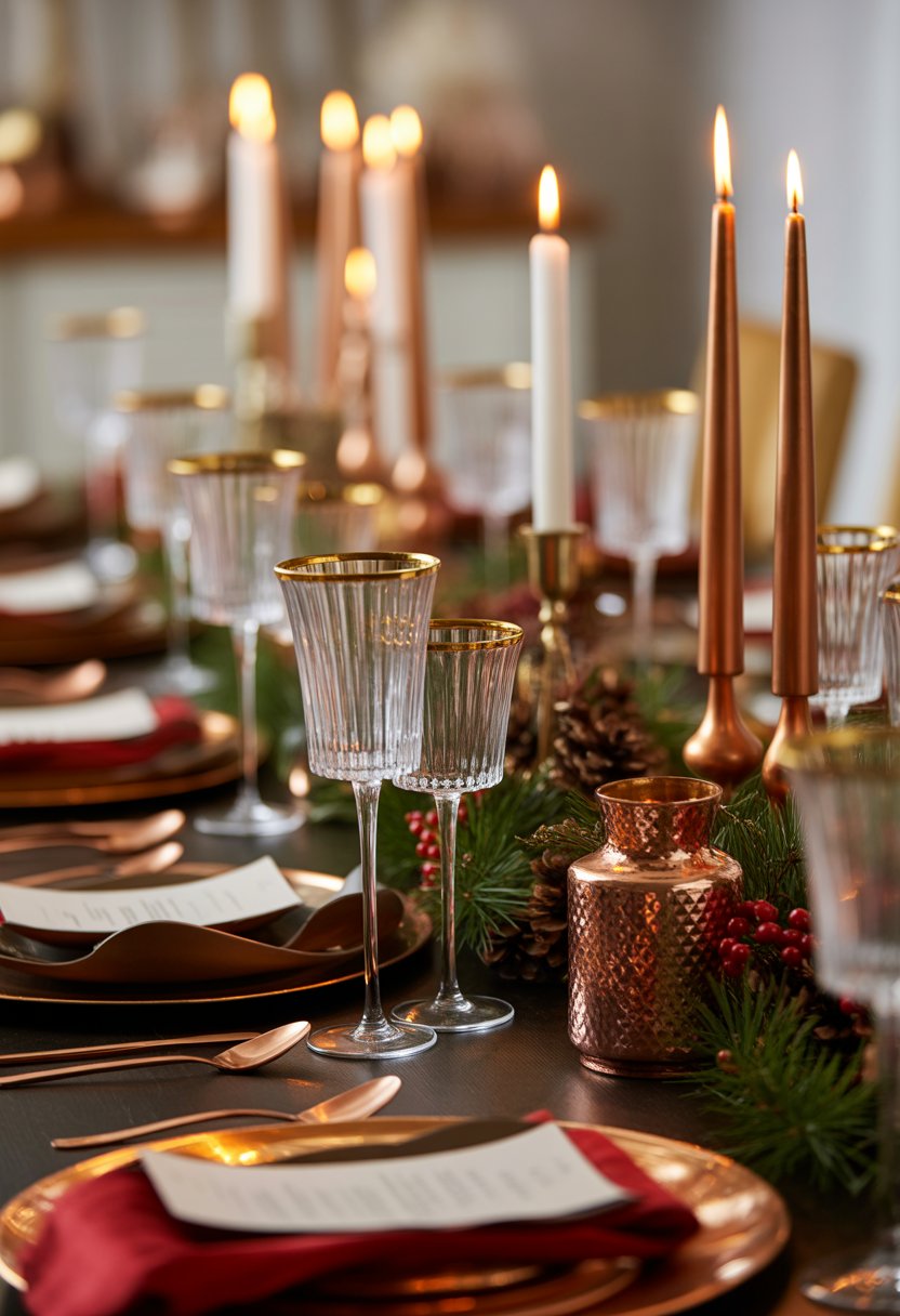 A beautifully set Christmas dinner table with copper flatware, candles, festive greenery, and elegant decorations.