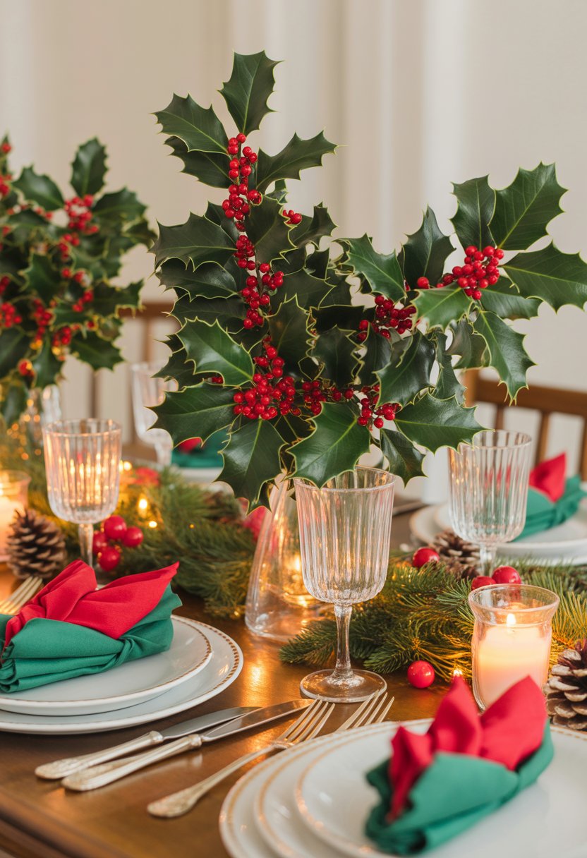 A Christmas dinner table set with holly branches and red berries, plates, silverware, glasses, candles, and festive decorations.