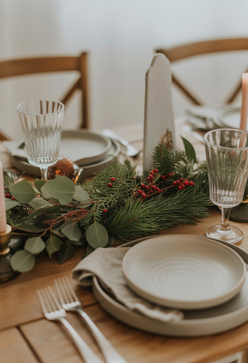 A Christmas dinner table set with white plates, glassware, silver cutlery, and a centerpiece of pine branches, eucalyptus, and holly with red berries.