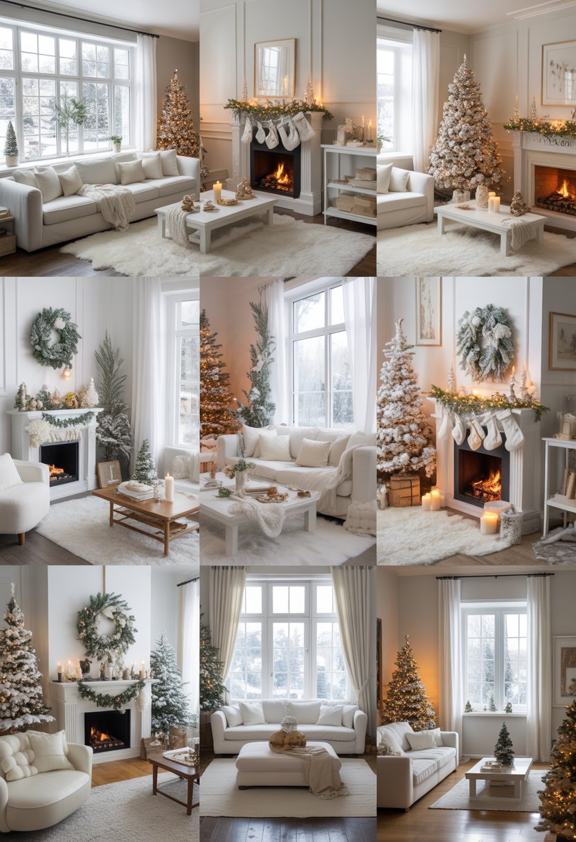 Ten cozy white winter living rooms decorated for Christmas with white furniture, Christmas trees, fireplaces, and snowy views outside.