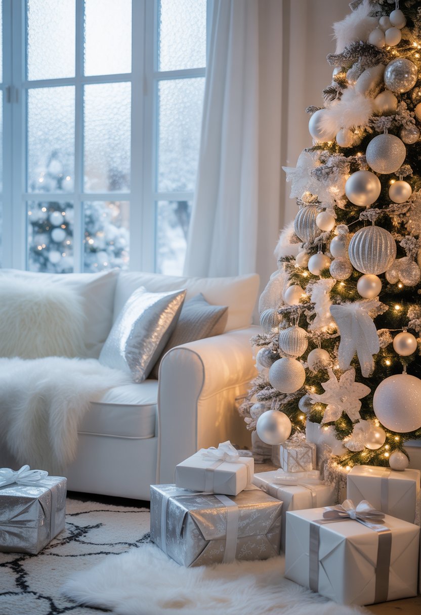 A cozy living room decorated for Christmas with a white tree adorned with silver and white ornaments, surrounded by wrapped presents and white furnishings.