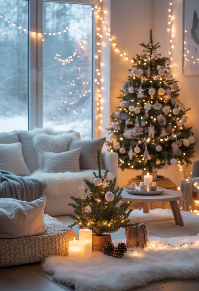 A living room decorated for Christmas with warm white string lights, a decorated tree, and snowy winter scenery visible through the windows.