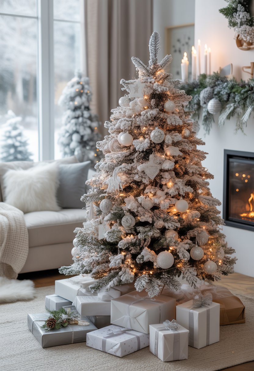A living room decorated for Christmas with a flocked white Christmas tree, wrapped presents, a sofa, fireplace, and snowy outdoor view.