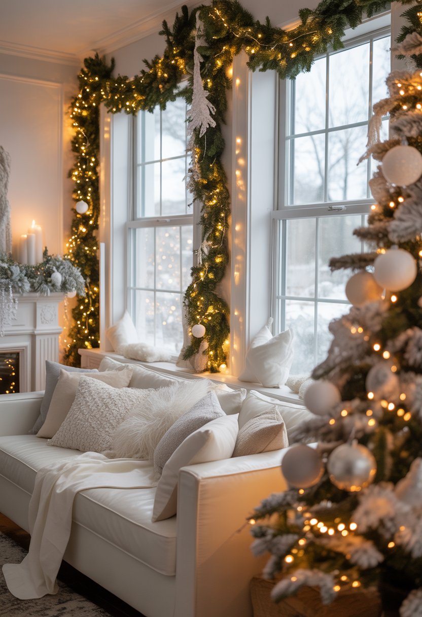 A cozy living room decorated for Christmas with white garlands and lights around the windows and fireplace, a decorated Christmas tree, and comfortable furniture.