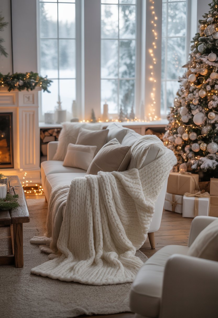 A cozy living room decorated for Christmas with soft white knit blankets on the sofa, a decorated Christmas tree, and a snowy winter scene visible through the windows.